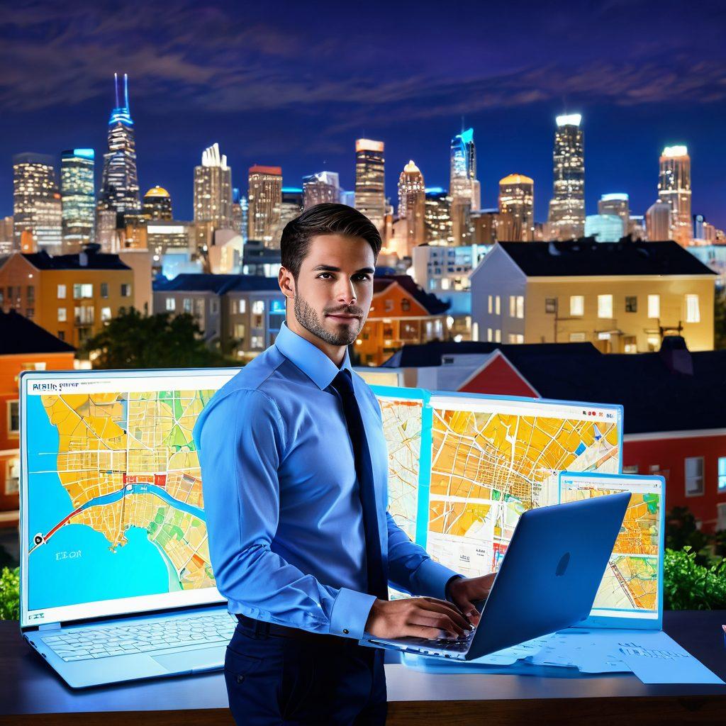 A confident individual analyzing a colorful map of a vibrant city, surrounded by diverse rental properties highlighted with price tags. In the background, a glowing skyline and 'For Rent' signs are visible, symbolizing opportunities in the housing market. Include icons of keys, charts, and a laptop for strategic planning. super-realistic. vibrant colors. urban setting.