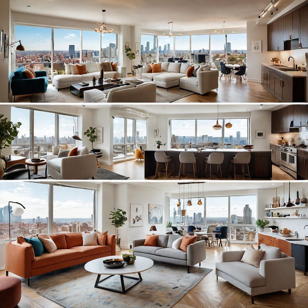 A split scene showcasing a modern studio apartment on one side and a luxurious condo on the other, highlighting key features like stylish furniture, open floor plans, and panoramic city views. In the foreground, a diverse group of happy renters are debating their choices, with thought bubbles showing pros and cons. Soft lighting and warm colors to create an inviting atmosphere. super-realistic. vibrant colors. white background.