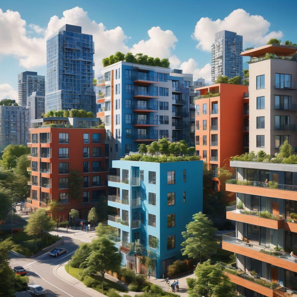 A modern city skyline featuring a variety of stylish flat and condo buildings, with diverse people interacting in a vibrant urban setting. Include a bright blue sky, showcasing clear sunlight and some greenery in the foreground, symbolizing life and community. Add elements that suggest movement, such as people exploring or looking at properties, to represent the process of navigating the housing market. super-realistic. vibrant colors. urban atmosphere.